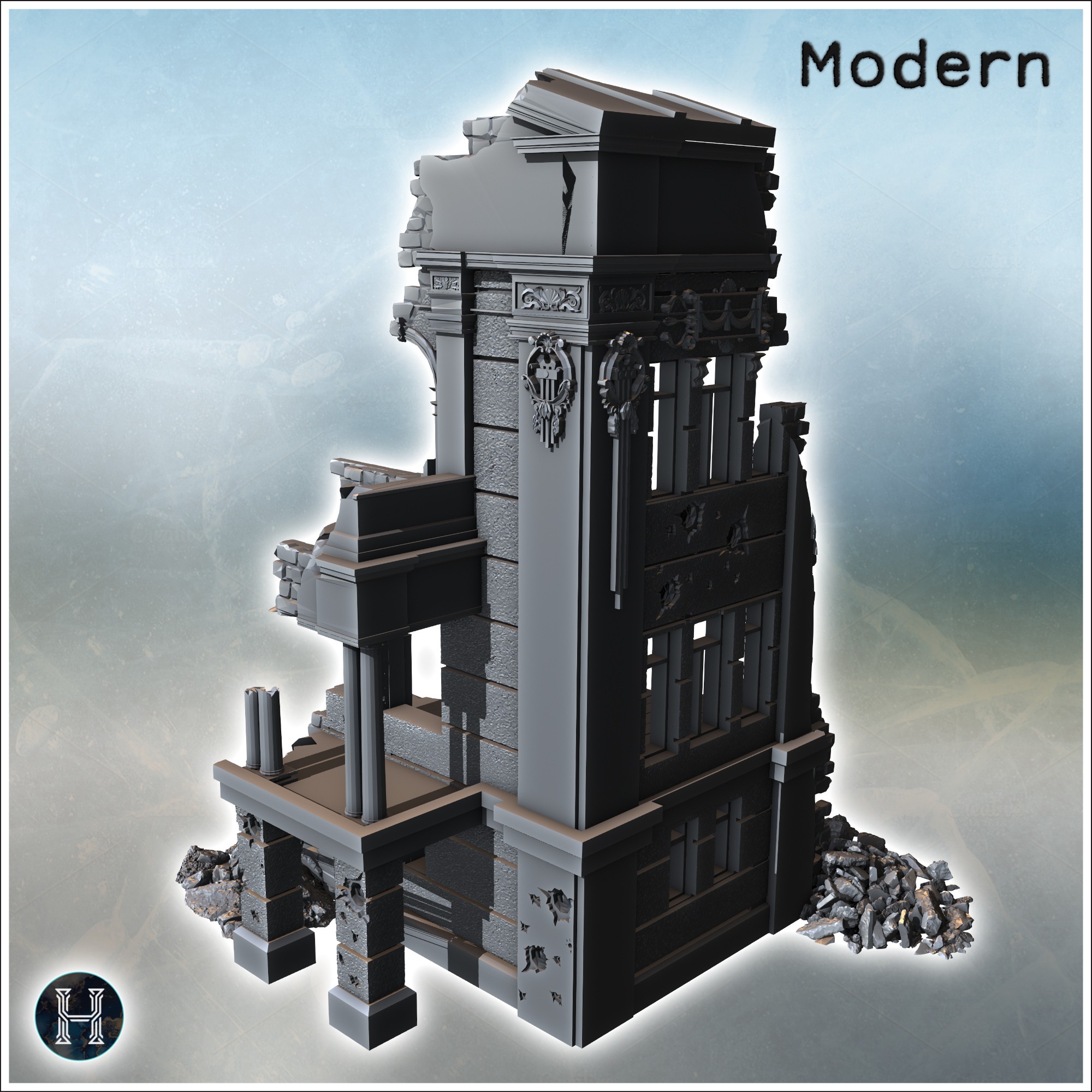 Narrow damaged building with decorative elements and broken walls, supported by rubble piles (3) - Modern WW2 WW1 World War Diaroma Wargaming RPG Mini Hobby